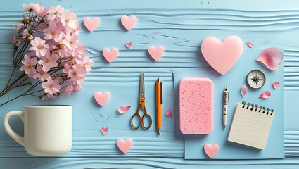 Romantic flat lay with hearts flowers and stationery on light blue wood background perfect for Valentines Day blog post or greeting card design