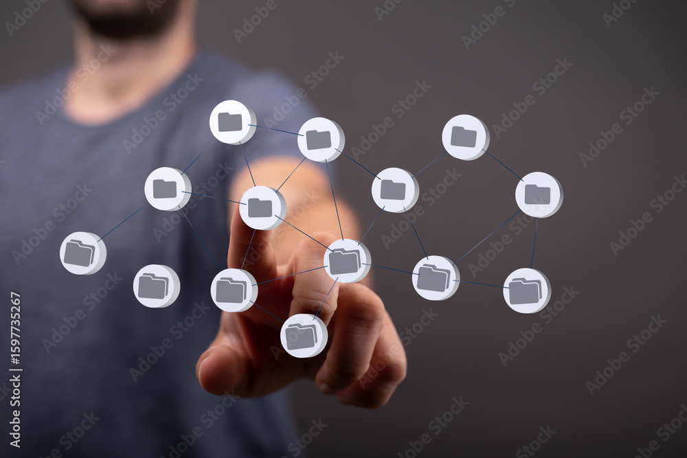 Poster image of a person interacting with a digital network of files, representing data management or cloud