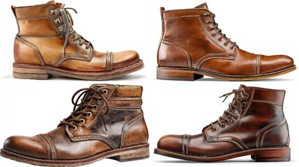 Four pairs of brown leather boots, various shades, displayed in a collage.  Each boot has a robust sole, lace-up closure, and a cap toe