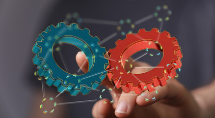 Image of two gears meshing, symbolizing teamwork, collaboration, and synergy. Perfect for business...