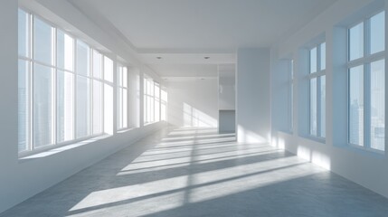 Empty, bright, modern hallway with large windows
