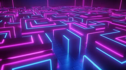 Obraz premium 3D render of a vast, dark room filled with glowing purple and cyan neon lines forming intricate labyrinths.