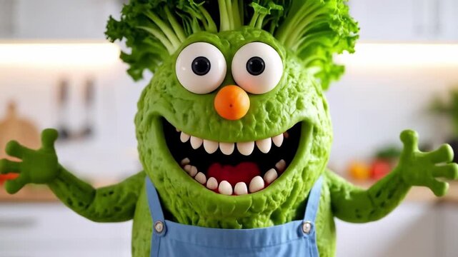 Happy green lettuce monster with big eyes and toothy grin welcomes viewer with open arms
