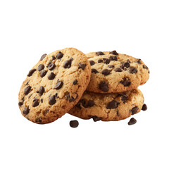 Three chocolate chip cookies stacked, scattered chocolate chips