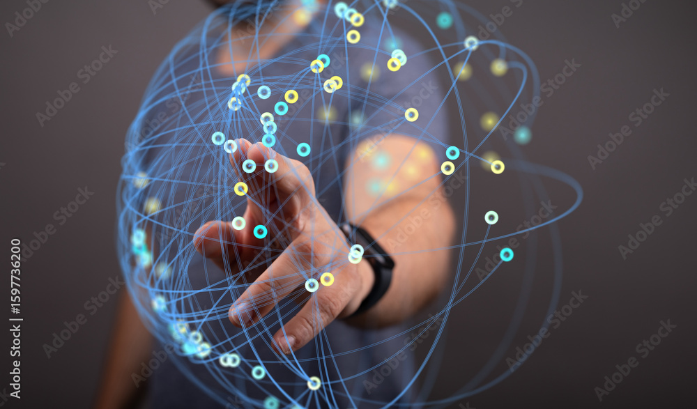 Poster abstract image depicting a hand interacting with a digital network, representing global connectivity