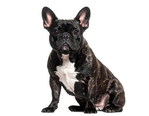 French Bulldog with tan coat and white chest sitting upright facing forward with ears perked on white isolated background in calm attentive posture