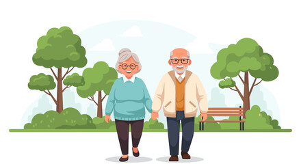 A charming illustration depicts a senior couple strolling hand-in-hand through a vibrant park, embodying the joy of active aging and companionship in retirement.