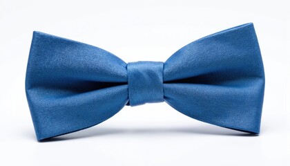 Blue silk bow tie, isolated on white background. Textured fabric, classic elegant accessory for formal events like weddings and parties. Sophisticated masculine style detail for men suits and tuxedos.