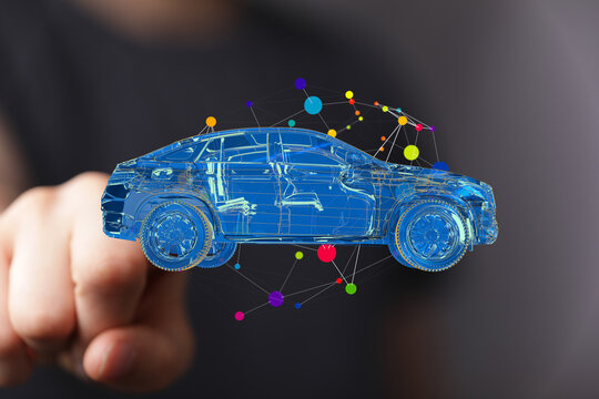 Futuristic car model, digital design, automotive innovation, connected car technology.