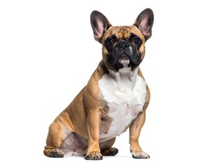 French Bulldog with tan coat and white chest sitting upright facing forward with ears perked on white isolated background in calm attentive posture