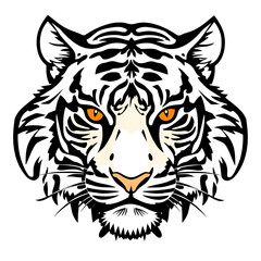 Obraz premium Fierce White Tiger Head, Bold Black and White Graphic Illustration, Intense Orange Eyes, Powerful and Majestic Animal Portrait, Vector Art, Strong Symbolic Image for Branding.