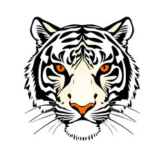 Fierce White Tiger Head, Bold Black and White Graphic Illustration, Intense Orange Eyes, Powerful and Majestic Animal Portrait, Vector Art, Strong Symbolic Image for Branding.
