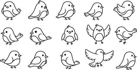 Black and White Line Art Bird Set Twelve Cute Birds