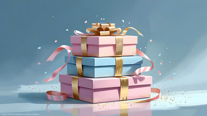 Stack of pastel colored gift boxes with gold ribbon and confetti celebration and birthday party concept lovely presents