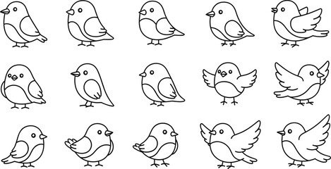 Twelve Black Line Art Birds Various Poses Simple Design