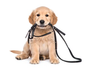 Golden Retriever puppy sitting with soft fur and gentle expression holding black leash in mouth on white background symbolizing playful readiness for walk
