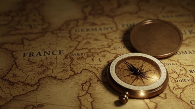 Looping animation of a vintage compass rotating on an antique map. Perfect for history, exploration, adventure, and navigation themes. Seamless loop with classic aesthetic.