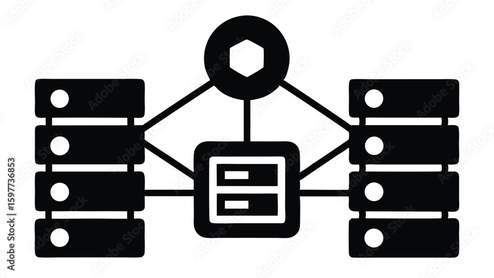 Poster modern flat vector illustration of networked servers and data communication