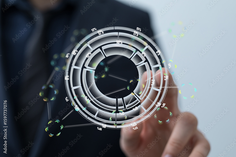 Poster a businessman interacts with a holographic interface displaying data analysis and insights.