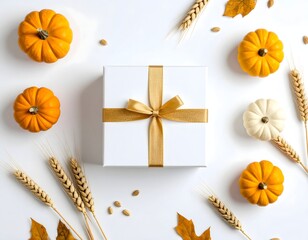 White gift box wrapped with natural ribbon surrounded by orange and white mini pumpkins and golden wheat stalks on clean white background for autumn holiday celebration