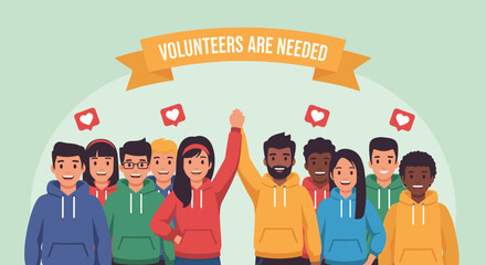 A diverse group of young volunteers stands united with raised hands, ready to help, under a banner urging community participation and support.