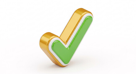 Glossy Green and Gold Check Mark Symbol on White Surface.