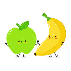 This delightful cartoon features a smiling apple and banana enjoying a friendly embrace.