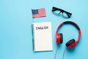 Headpones with notebook on student table desk. Online language courses.