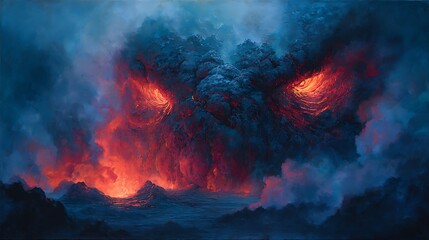 Fototapeta premium Volcanic Eruption with Lava and Smoke Over Water