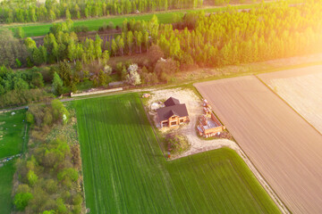 Drone view of rural house under construction