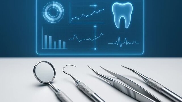 Dental technology hologram ai dentistry tool metal mirror tweezers scaler futuristic digital tooth data charts glowing advanced oral care diagnosis blue background