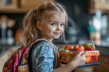 Little girl packing a lunchbox into a backpack in the kitchen at home. This image highlights the everyday routines of preparing for school, emphasizing independence and responsibility, Generative AI