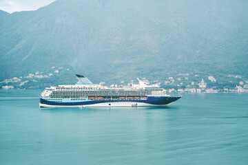 Ship passing mountains in Bay of Kotor, Europe