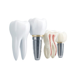 Close-up of a natural tooth, dental crown, and two dental implants, showcasing varying stages of tooth restoration