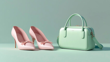 Stylish Pink Heels and Mint Green Handbag on Pastel Background Fashionable Accessories Still Life Photo