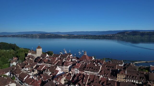 Switzerland Murten lake Morat medieval town landmark aerial drone establishing shot
