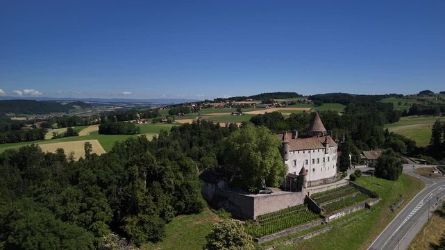 Ch&acirc;teau d'Oron Castle in Oron, Vaud, Switzerland aerial drone landscape historical landmark