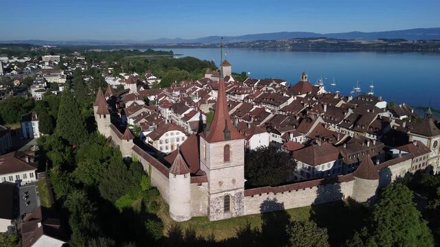 Murten medieval fortification walls Switzerland Europe Morat old town aerial drone