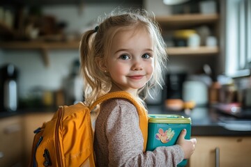 Little girl packing a lunchbox into a backpack in the kitchen at home. This image highlights the everyday routines of preparing for school, emphasizing independence and responsibility, Generative AI