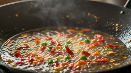 Fiery Culinary Creation: A close-up shot captures vibrant chili peppers sizzling in a wok, showcasing the intense heat and flavorful essence of an exquisite dish. - Powered by Adobe