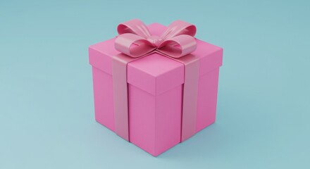 Obraz premium Pink gift box with matching ribbon and bow on a light blue background for celebrations