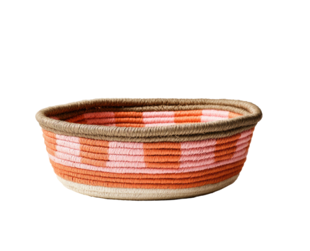 Oval woven basket with peach and rose stripes