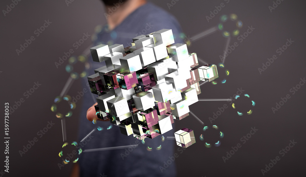 Poster abstract image of interconnected digital blocks. represents data, technology, and network.