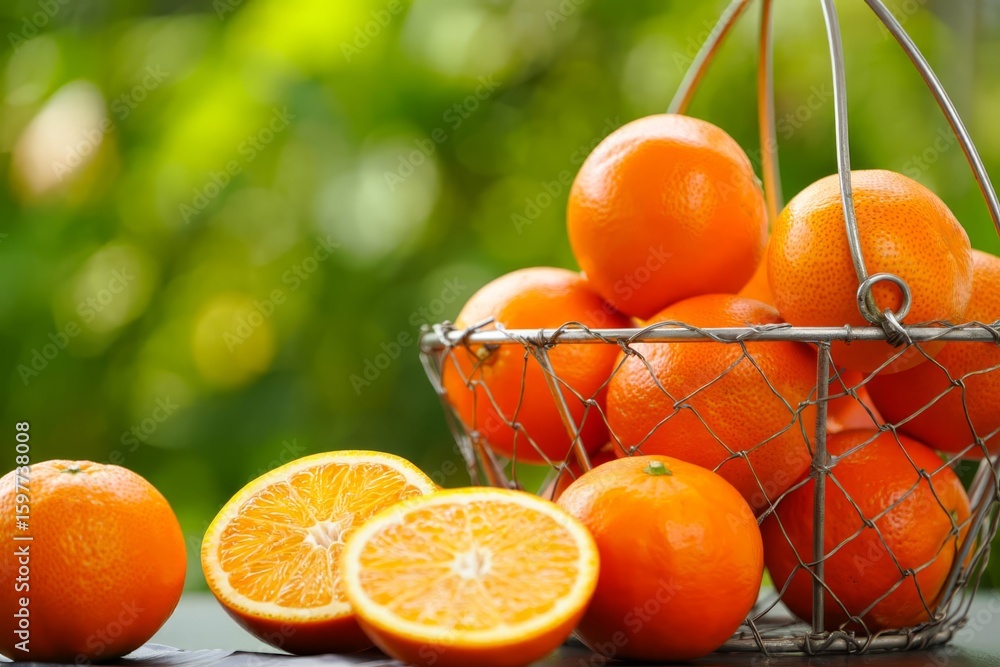 Fototapete basket with ripe oranges on table against blurred background. space for text.