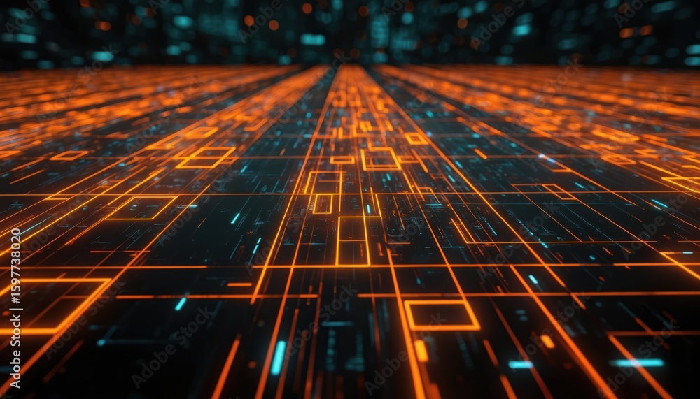 Poster futuristic digital data streams flow across abstract grid interface. orange and blue lines create gl