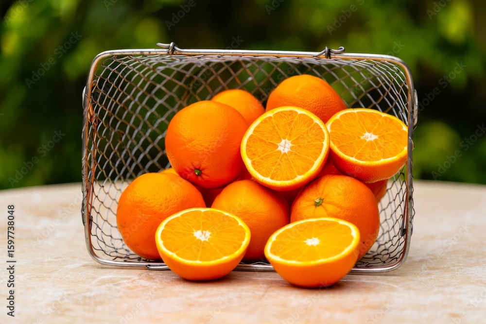 Fototapete basket with ripe oranges on table against blurred background. space for text.