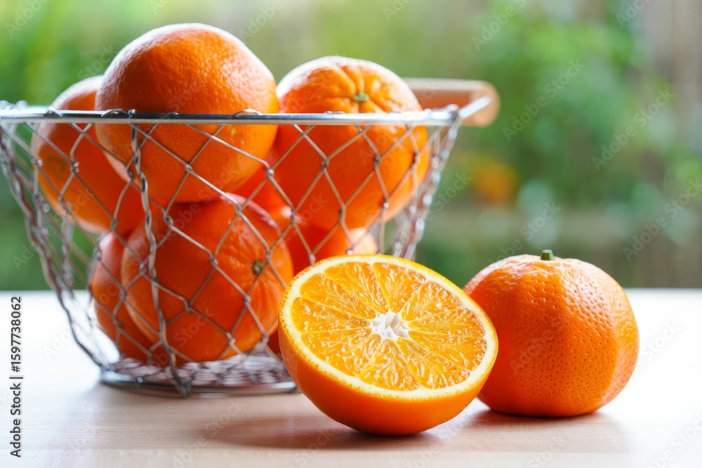 Fototapete basket with ripe oranges on table against blurred background. space for text.