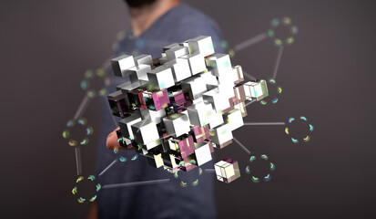 Abstract image of interconnected digital blocks. Represents data, technology, and network.