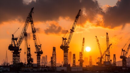 Obraz premium Cranes lifting materials at sunrise over commercial construction site