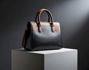 Elegant black leather business briefcase with gold buckle and key charm placed on polished white marble surface in modern kitchen setting
